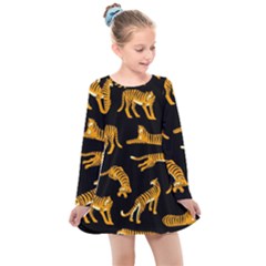 Seamless-exotic-pattern-with-tigers Kids  Long Sleeve Dress by uniart180623