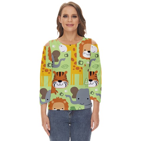 Seamless-pattern-vector-with-animals-wildlife-cartoon Cut Out Wide Sleeve Top by uniart180623