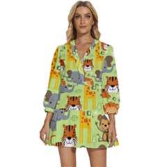 Seamless-pattern-vector-with-animals-wildlife-cartoon V-neck Placket Mini Dress by uniart180623