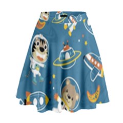 Seamless-pattern-funny-astronaut-outer-space-transportation High Waist Skirt by uniart180623