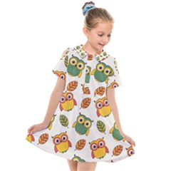 Background-with-owls-leaves-pattern Kids  Short Sleeve Shirt Dress by uniart180623