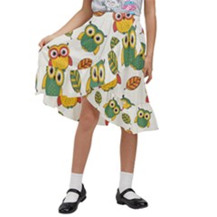 Background-with-owls-leaves-pattern Kids  Ruffle Flared Wrap Midi Skirt by uniart180623