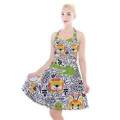 Seamless-pattern-with-wildlife-cartoon Halter Party Swing Dress  by uniart180623