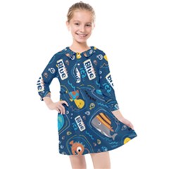 Seamless-pattern-vector-submarine-with-sea-animals-cartoon Kids  Quarter Sleeve Shirt Dress by uniart180623