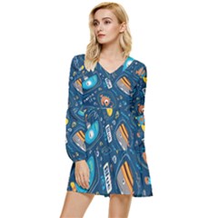 Seamless-pattern-vector-submarine-with-sea-animals-cartoon Tiered Long Sleeve Mini Dress by uniart180623