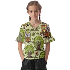 Seamless-pattern-with-trees-owls Kids  V-neck Horn Sleeve Blouse by uniart180623