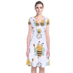 Art Bee Pattern Design Wallpaper Background Short Sleeve Front Wrap Dress by uniart180623