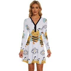 Art Bee Pattern Design Wallpaper Background Long Sleeve Deep V Mini Dress  by uniart180623