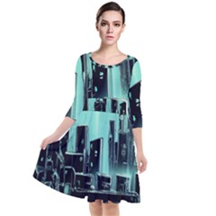 Buildings City Urban Destruction Background Quarter Sleeve Waist Band Dress by uniart180623