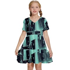 Buildings City Urban Destruction Background Kids  Short Sleeve Tiered Mini Dress by uniart180623