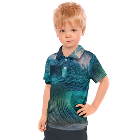 Tsunami Waves Ocean Sea Water Rough Seas Kids  Polo Tee by uniart180623