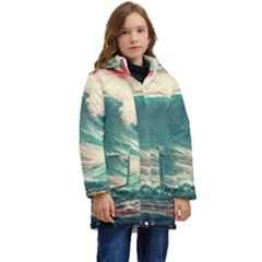 Storm Tsunami Waves Ocean Sea Nautical Nature Painting Kids  Hooded Longline Puffer Jacket by uniart180623