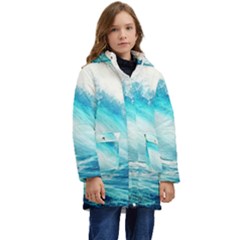 Tsunami Waves Ocean Sea Nautical Nature Water Nature Kids  Hooded Longline Puffer Jacket by uniart180623