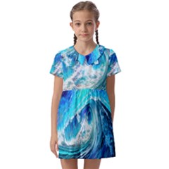 Tsunami Waves Ocean Sea Nautical Nature Water Painting Kids  Asymmetric Collar Dress by uniart180623