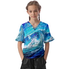 Tsunami Waves Ocean Sea Nautical Nature Water Painting Kids  V-neck Horn Sleeve Blouse by uniart180623