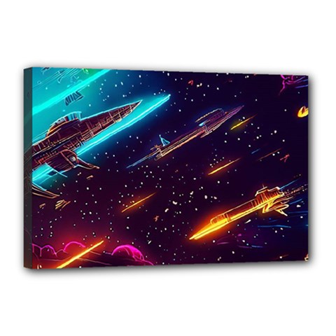 Night Sky Neon Spaceship Drawing Canvas 18  X 12  (stretched) by Ravend