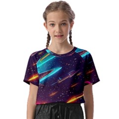 Night Sky Neon Spaceship Drawing Kids  Basic Tee by Ravend