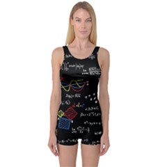 Black Background With Text Overlay Mathematics Formula Board One Piece Boyleg Swimsuit by uniart180623