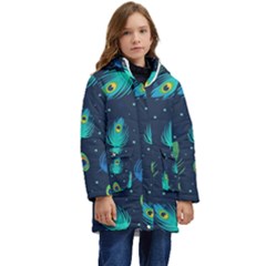 Blue Background Pattern Feather Peacock Kids  Hooded Longline Puffer Jacket by uniart180623