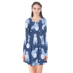 Bear Pattern Patterns Planet Animals Long Sleeve V-neck Flare Dress by uniart180623