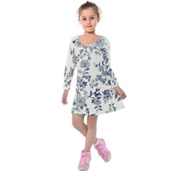 Vintage Background Blue Roses Rose Pattern Retro Kids  Long Sleeve Velvet Dress by uniart180623