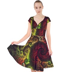 Green And Red Lights Wallpaper Fractal Digital Art Artwork Cap Sleeve Front Wrap Midi Dress by uniart180623