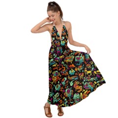 Cartoon Monster Pattern Abstract Background Backless Maxi Beach Dress by uniart180623