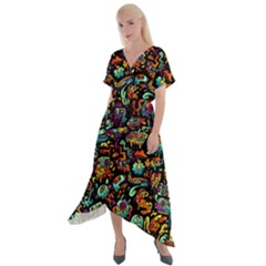 Cartoon Monster Pattern Abstract Background Cross Front Sharkbite Hem Maxi Dress by uniart180623