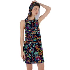 Cartoon Monster Pattern Abstract Background Racer Back Hoodie Dress by uniart180623