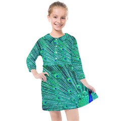 Green And Blue Peafowl Peacock Animal Color Brightly Colored Kids  Quarter Sleeve Shirt Dress by uniart180623