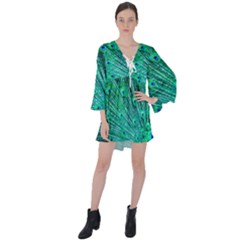 Green And Blue Peafowl Peacock Animal Color Brightly Colored V-neck Flare Sleeve Mini Dress by uniart180623