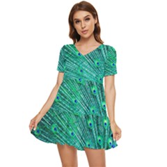 Green And Blue Peafowl Peacock Animal Color Brightly Colored Tiered Short Sleeve Babydoll Dress by uniart180623