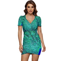 Green And Blue Peafowl Peacock Animal Color Brightly Colored Low Cut Cap Sleeve Mini Dress by uniart180623