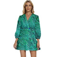 Green And Blue Peafowl Peacock Animal Color Brightly Colored V-neck Placket Mini Dress by uniart180623