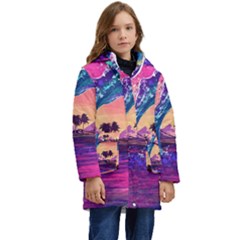 Retro Wave Ocean Kids  Hooded Longline Puffer Jacket by uniart180623