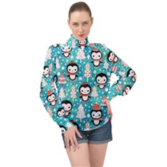 Blue Penguin Pattern Christmas High Neck Long Sleeve Chiffon Top by uniart180623