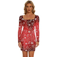 Christmas Pattern Red Long Sleeve Square Neck Bodycon Velvet Dress by uniart180623