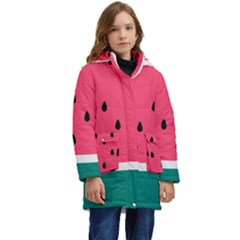 Watermelon Fruit Pattern Kids  Hooded Longline Puffer Jacket by uniart180623