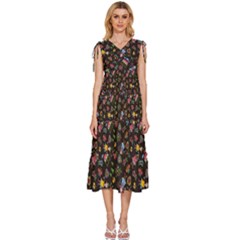Cartoon Texture V-neck Drawstring Shoulder Sleeveless Maxi Dress by uniart180623