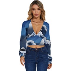 The Great Wave Off Kanagawa Long Sleeve Deep-v Velour Top by Grandong