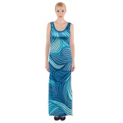 Ocean Waves Sea Abstract Pattern Water Blue Thigh Split Maxi Dress by Simbadda