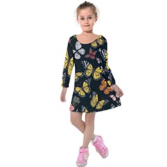 Flowers Butterfly Blooms Flowering Spring Kids  Long Sleeve Velvet Dress by Simbadda