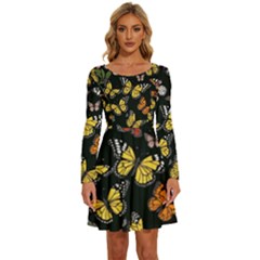 Flowers Butterfly Blooms Flowering Spring Long Sleeve Wide Neck Velvet Dress by Simbadda