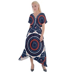 Mandala Orange Navy Cross Front Sharkbite Hem Maxi Dress by Simbadda