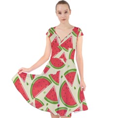 Cute Watermelon Seamless Pattern Cap Sleeve Front Wrap Midi Dress by Simbadda