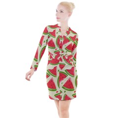 Cute Watermelon Seamless Pattern Button Long Sleeve Dress by Simbadda