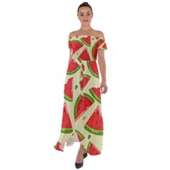 Cute Watermelon Seamless Pattern Off Shoulder Open Front Chiffon Dress by Simbadda