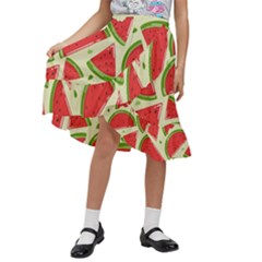 Cute Watermelon Seamless Pattern Kids  Ruffle Flared Wrap Midi Skirt by Simbadda