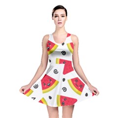 Cute Smiling Watermelon Seamless Pattern White Background Reversible Skater Dress by Simbadda