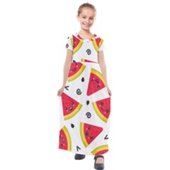 Cute Smiling Watermelon Seamless Pattern White Background Kids  Short Sleeve Maxi Dress by Simbadda